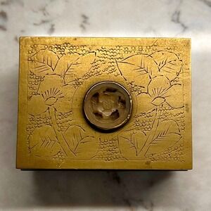 Vintage Chinese Etched Brass Footed Cigarette Trinket Box Carved Jade Medallion